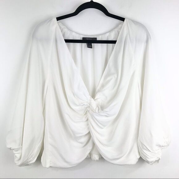 White Twist Front Boho Peasant Crop Blouse - Picture 1 of 12